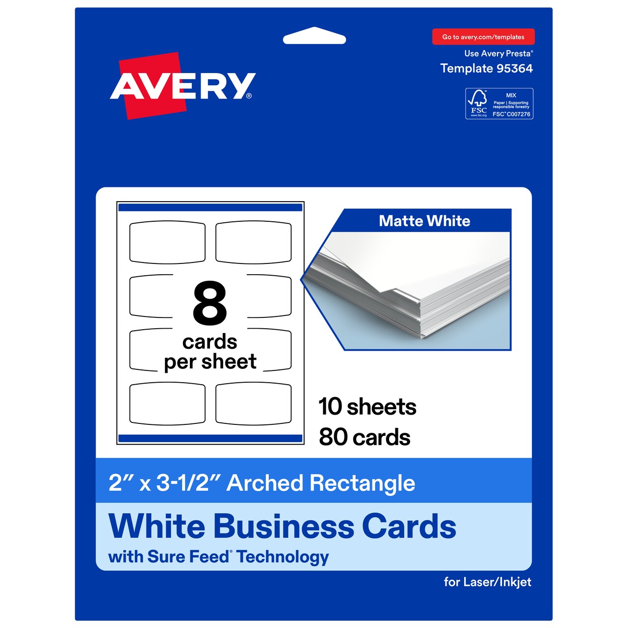 Avery Printable Arched Rectangle Business Cards, Sure Feed Technology, 2" x 3-1/2", Matte White Cardstock, Print-to-The-Edge, Laser/Inkjet Printable, 80 Total